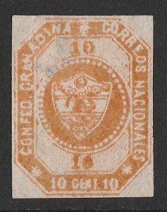 COLOMBIA 1859 Arms 10c brown-orange, imperf 1st issue.  