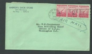 1943 San Diego Ca Harmers Shoe Store W/6c Airmail In (3) stamps