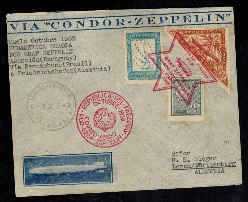 1932 Paraguay Graf Zeppelin Cover to H Sieger Lorch Germany LZ 127 Star of David