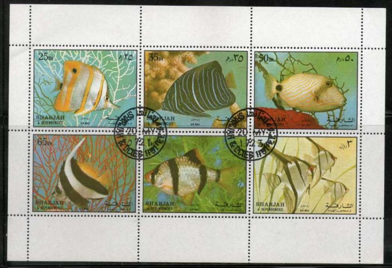 Sharjah - UAE 1972 Marine Life Fishes Fauna Sheetlet Cancelled # 6778