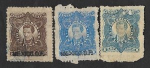 SE)1884 MEXICO, 3 FISCAL STAMPS 10C, 1C AND 1C, VARIETY OF COLOR, WITH MEXICO C