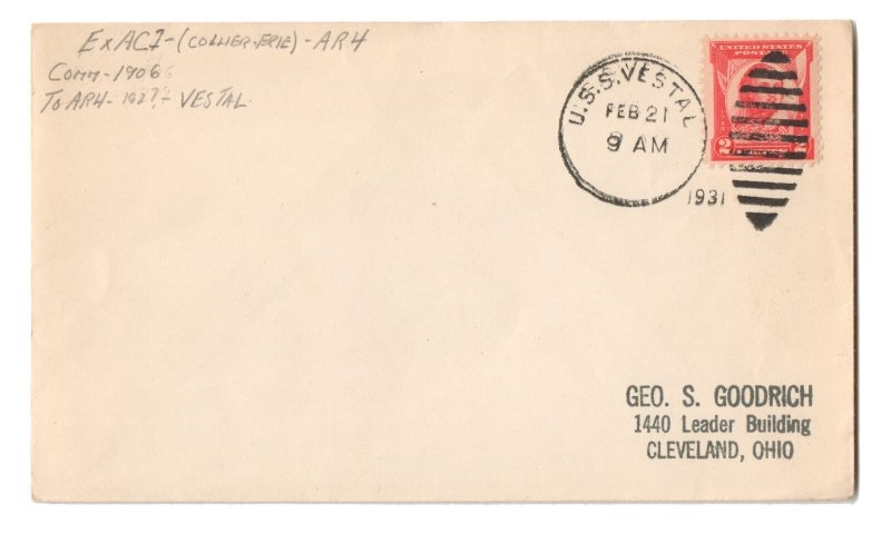 USS VESTAL (AR-4) Navy Repair Ship 2/21/31 FANCY CANCEL Naval Cover