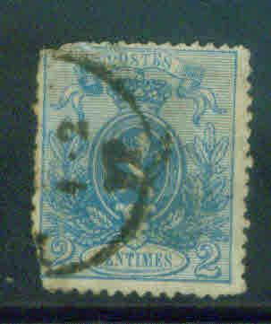 BELGIUM Scott 25 used 1867 2c stamp CV $90 p 14.5x14