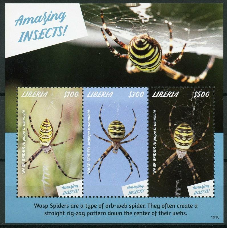 Liberia Stamps 2019 MNH Amazing Insects Wasp Spider Spiders 3v M/S 