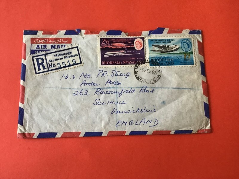 Rhodesia and Nyasaland 1962 to England Registered  Air Mail Stamp Cover R45717 