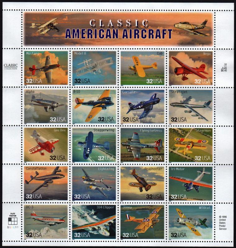 SC#3142 32¢ Classic American Aircraft Sheet of Twenty (1997)  MNH