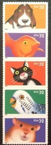 1998 Bright Eyes Pets Strip Of 5 32c Postage Stamps, Sc# 3230-3234, MNH, OG