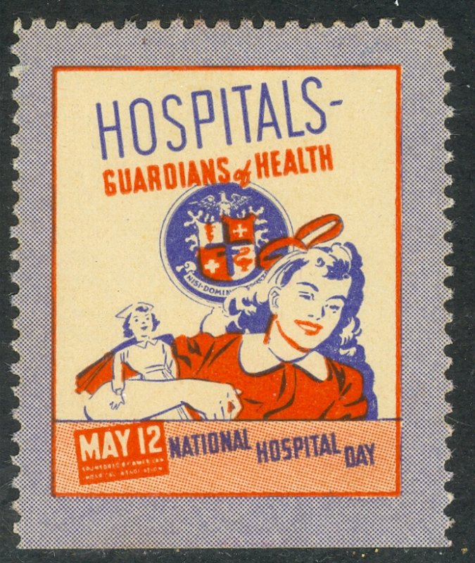 USA c1950 National Hospital Day Label GIRL with NURSE DOLL MNH