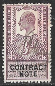 GREAT BRITAIN 1902 KEDVII 3sh CONTRACT NOTE Revenue Bft.10 VFU