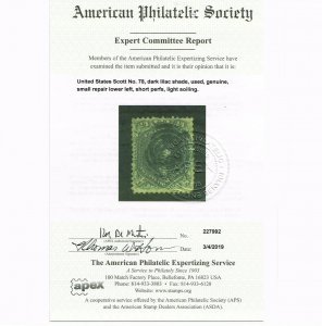 AFFORDABLE GENUINE SCOTT #78 F-VF USED APS CERT 1862 NBNC 24¢ DARK LILAC COLOR