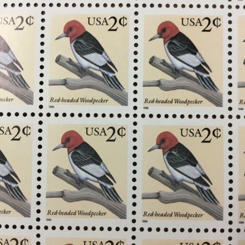 3032  Red-headed Woodpecker.  MNH 2 cent sheet of 100.  Plate Number 33333. 1996