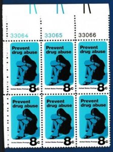 1971 Prevent Drug Abuse Plate Block Of 6 8c Postage Stamps, Sc# 1438, MNH, OG