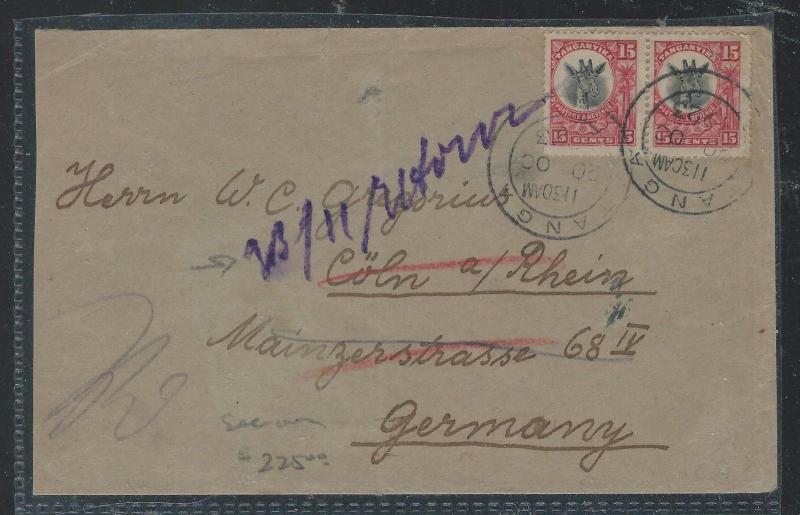 TANGANYIKA (P2609B) 1923  GIRAFFE 15C PR TANGA TO GERMANY