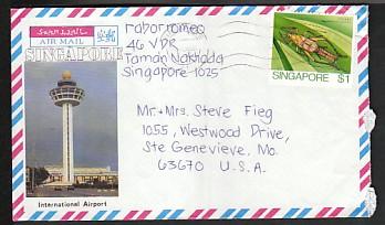 Singapore to St Geneviene Mo 1988 airmail cover HSK