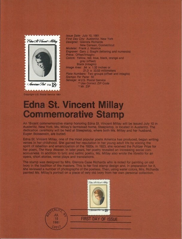 US SP559 Edna St. Vincent Millay Souvenir Page #1926