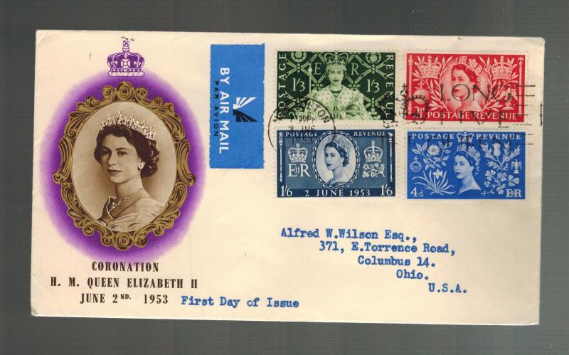 1953 England First Day Cover Queen Elizabeth II coronation FDC to USA QE2