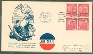 US 717 (1932) 2c Arbor Day/60th Anniversary (block of four) on an addressed First Day Cover with a Nelson White cachet