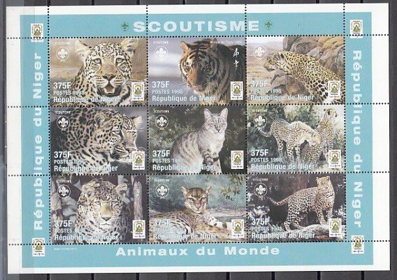 Niger, Scott cat. 1005. Chile Scout Jamboree Logo on Wild Cats sheet of 9.