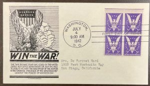 905 Anderson black cachet WWII Patriotic Win the War FDC 1942 w/Block of 4