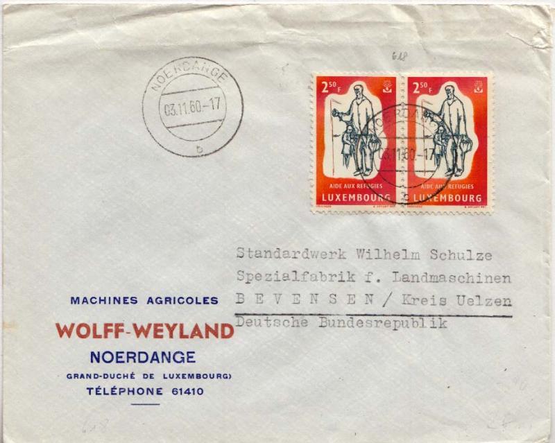 Luxembourg 2.50F World Refugee Year (2) 1960 Noerdange b to Bevensen, Germany...