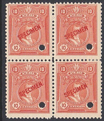 PERU 10c Leguia SPECIMEN opt in red + security punch hole blk of 4..........7918