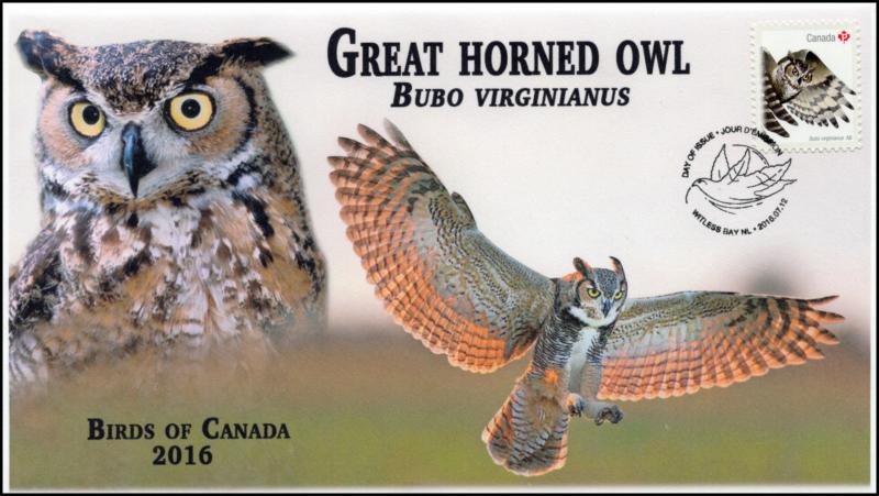 CA16-029 2016, FDC, Birds of Canada, Great horned owl, Day of Issue