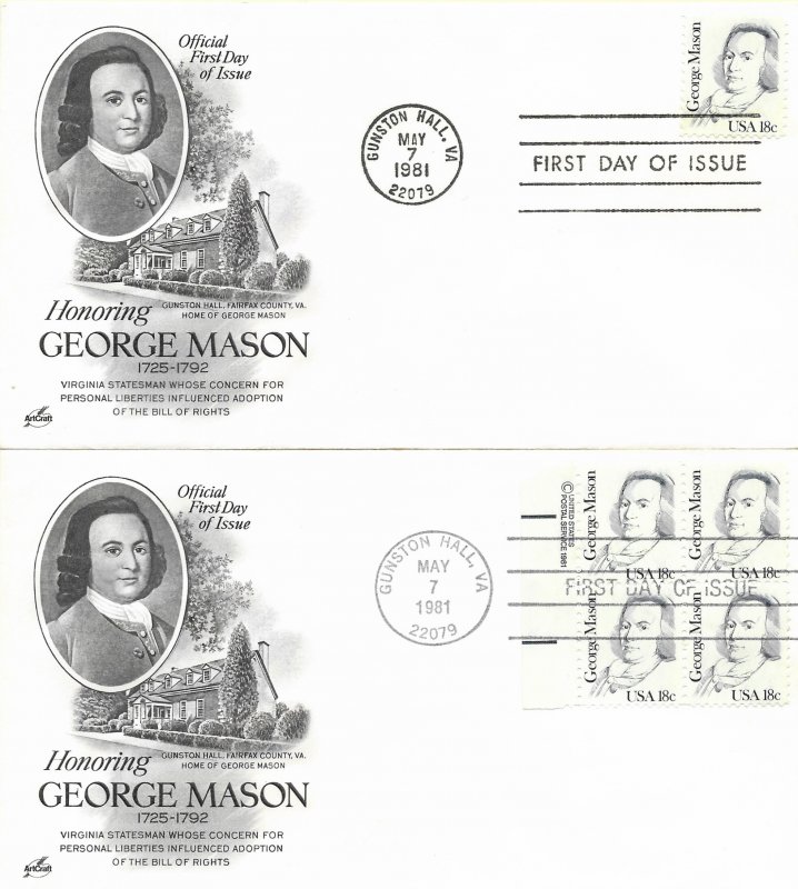 1981 FDC, #1858, 18c George Mason, Art Craft - single/block of 4