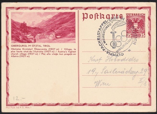 AUSTRIA 1936 postcard ex Vienna with Olympic Games postmark................D3176