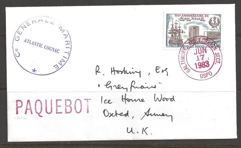 1983 Paquebot Cover, France stamp used in Baltimore, Maryland