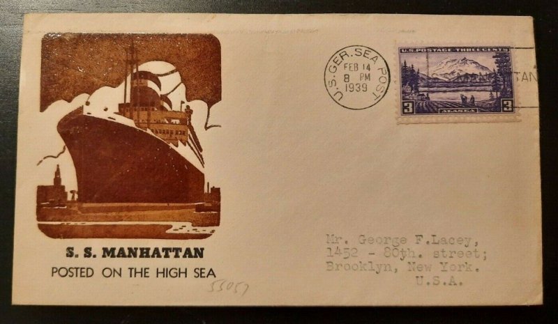 1939 SS Manhattan Illustrated Cachet US General Sea Post Brooklyn New York