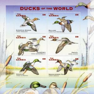 Gambia 2002 MNH Ducks of World 6v M/S IV Teal Shoveler Wigeon Mallard