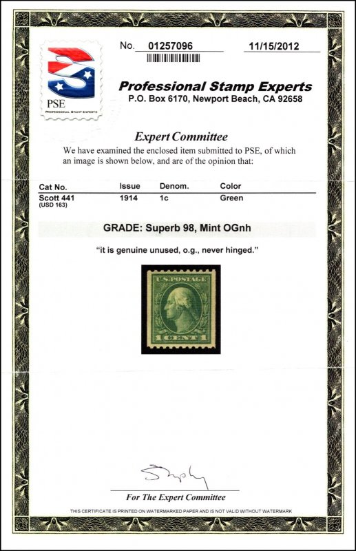 Scott 441 - 1 Cent Washington - MNH - PSE Cert 98 - SCV - $225.00