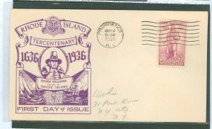 US 777 1935 3c rhode island tercentenary single on an addressed first day cover wtih a dyer cachet