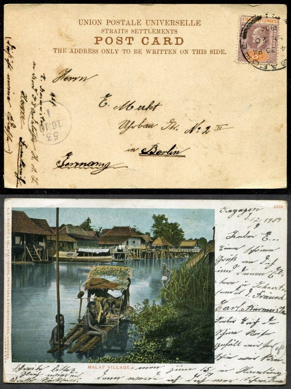 *1239 - STRAITS SETTLEMENTS 1904 Picture Postcard to GERMANY. Singapore. Malaya