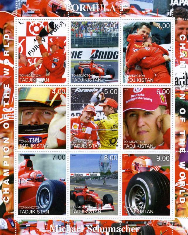 Tajikistan 2000 FORMULA 1 SCHUMACHER Sheet Perforated Mint (NH)