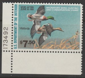 U.S. Scott Scott #RW47 Duck Stamp - Mint NH Plate Number Single