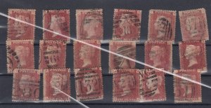 GB QV 1858 1d Red Collection (18) Different Plate Numbers SG43/44 Used BP9876