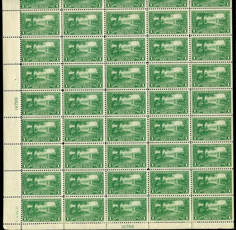 UNITED STATES SCOTT#617/19  LEXINGTON CONCORD   SHEETS OF 50 UNFOLDED MINT NH