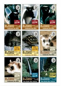 St. Vincent 1997 SC# 2479 Animals, Sierra Club, Tortoise, Indri - Sheet of 9 MNH