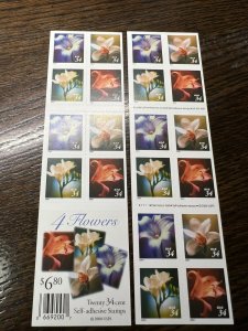 Scott#3487-90-2000 34c Flowers, Booklet of 20 Denominated Stamps MNH