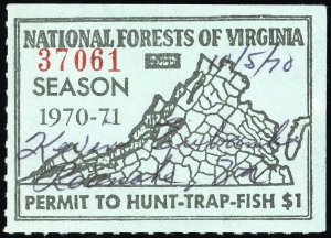 US Stamps Used VA 1971 Permit Trap-Fishing License