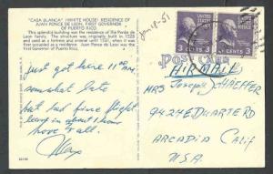 1951 PC 3c Horizontal Coils X 2 = 6c Airmail Rate From Puerto Rico Scarce Usage