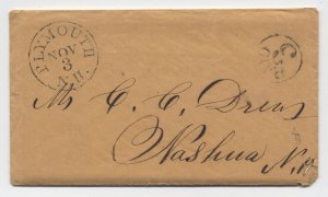 1850s Plymouth NH stampless cover to Nashua CDS and paid 3 in circle [h.4572]