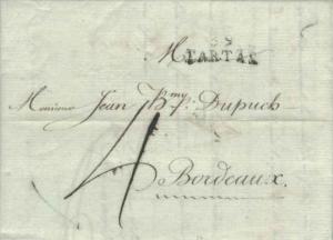 France 39 Tartas 1809 serified sl with ms 4 on Stampless Folded Letter to Bor...