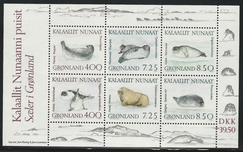 Greenland, 1991, Scott #238a Mini Sheet of 6, Mint, N.H., Walrus and Seals