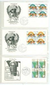 United Nations-Geneva 84-85/86 1979 Int Yoc, Namibia Independence FDCs, artmaster cachets; 3 different blocks of 4 FDCs, U/A