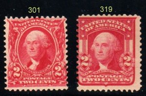 #301, 319 Two Cent Washingtons   BOTH MINT OGNH⭐⭐⭐⭐⭐