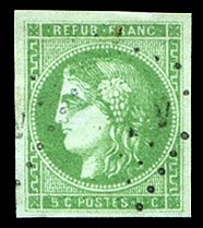 France, 1850-1900 #41 (YT 42B) Cat€225, 1870 5c yellow green, used, large m...