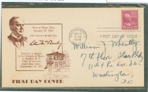 US 829 1938 25c William McKinley, Part of the Presidential / Prexy Series, on an addressed FDC with an Unknown Cachet