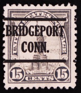 U.S. Used Stamp Scott #566 15c Statue of Liberty, Jumbo. Bridgeport Pre-Cancel.